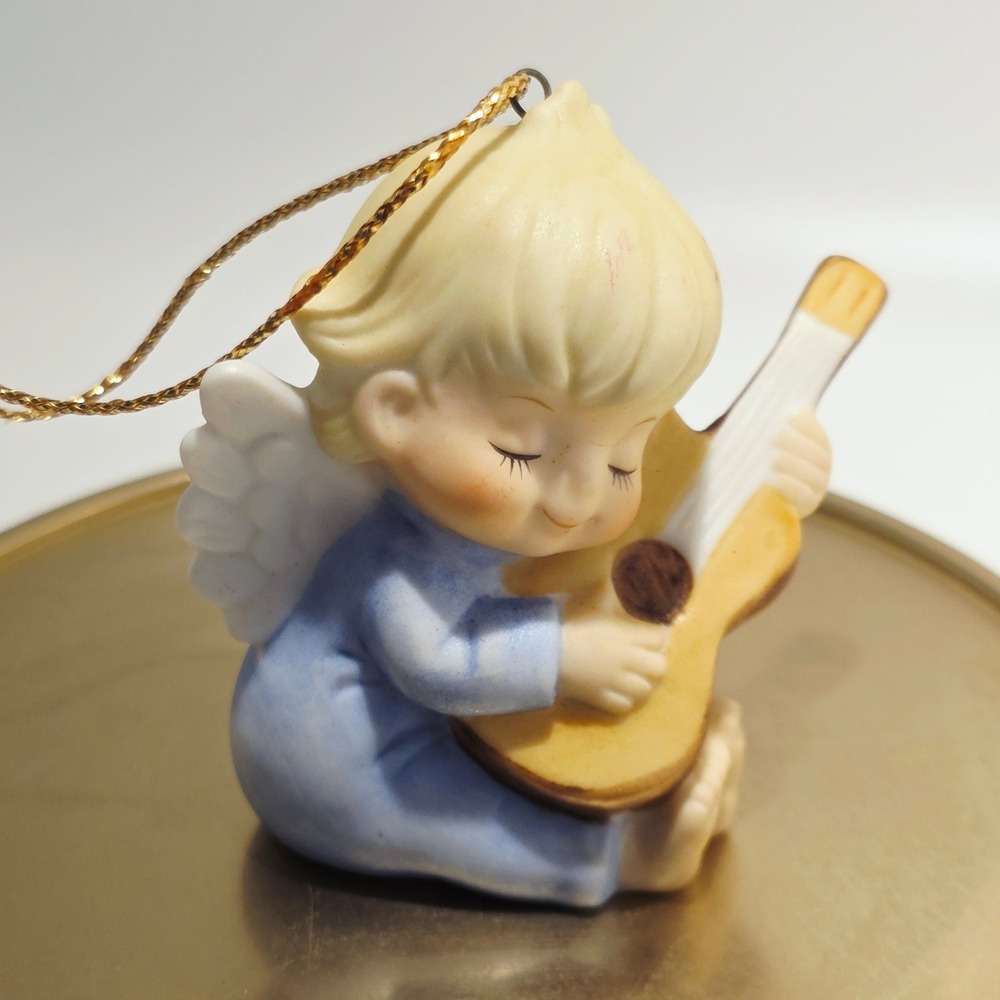 Vintage Ceramic Angel Cherub Ornament Playing Guitar Blue White Matte 2.25 inch